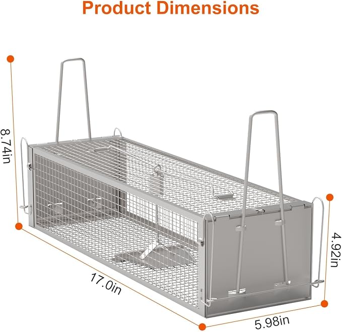 TeqHome 2-Door Humane Rat Cage Trap, Metal Live Animal Trap Cage, Small Humane Catch Release Rodent Cages, Upgraded Indoor & Outdoor Live Traps for Squirrels, Mouse, Rats, Mice - 16.6x6.1x4.33 Inches