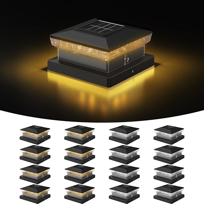 Solar Post Cap Light 4x4/5x5 – 16 Pack, Dual Color, 800mAh, 12H Runtime, Auto Dusk-to-Dawn On/Off, Black
