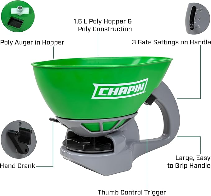Chapin 8706G Spreader, Lawn and Garden, TurfPro, Hand Crank, Lightweight, Portable, Poly Scoop, Thumb Control Gate, 3 Settings, Ideal for Small Spaces, 15 Setting Gate, Fertilizer and Seeds, 0.3 Gal