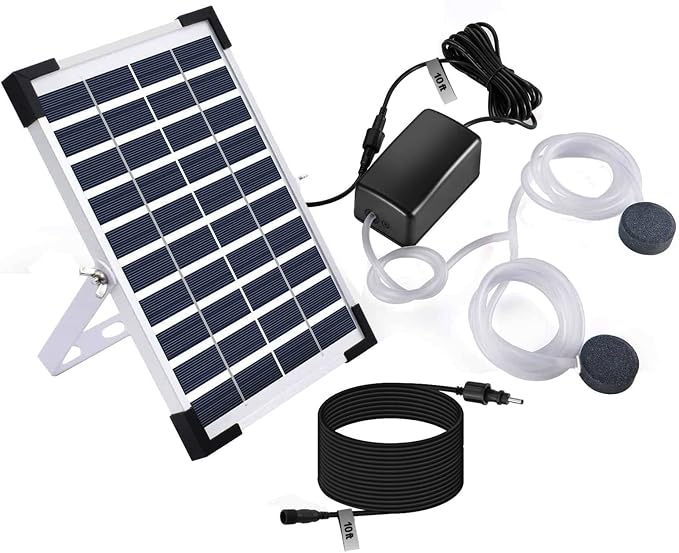 5W Solar Air Pump Bubbler for Fish Pond, 1 or 3 Days Air Output, 10 ft + 10 ft Cable, 3 Modes, 22.2GPH, Hoses Bubble Stone, Solar Aerator Oxygenator for Backyard Hydroponic, Aquaculture