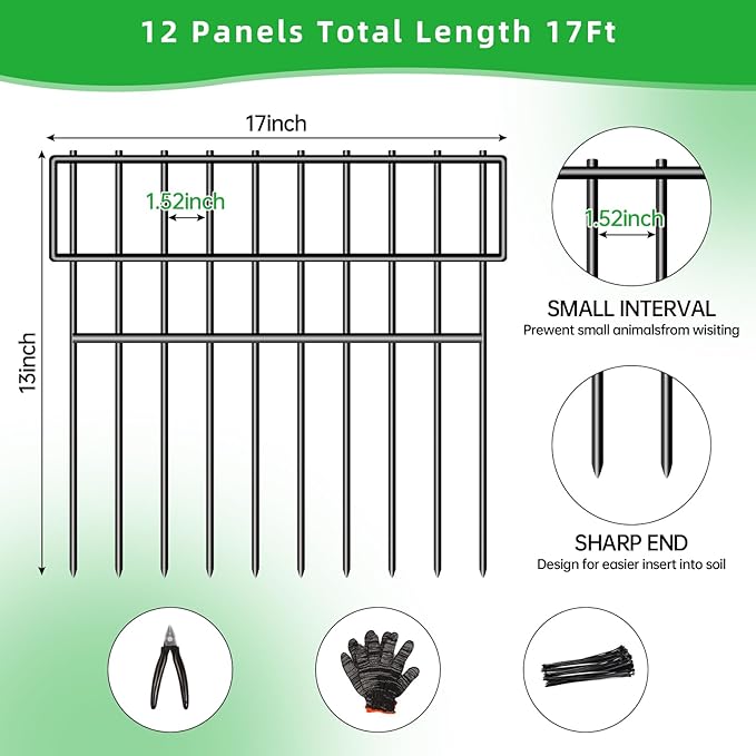 17ft(L) X 13in(H) Animal Barrier Fence, 12 Panels No Dig Fence for Dogs, 1.52IN Gap Anti Digging Dog Barrier, Rustproof Metal Garden Edging Border Defense for Outdoor, Yard, Lawn