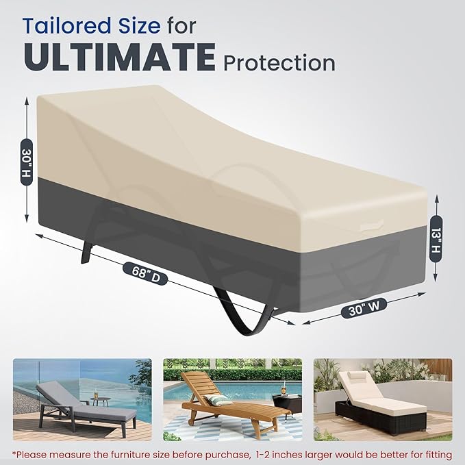 Extra Heavy Duty Patio Chaise Lounge Cover Waterproof 2 Pack - Lounge Chair Covers for Outdoor Pool Lounger and Patio Furniture, 68" x 30" x 30" H