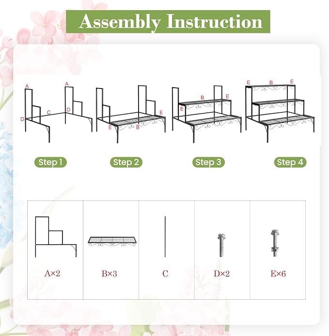 Plant Pot Stand Shelf, 3 Tier Flower Ladder Display Rack, Metal Succulent Plants Storage Holder for Outdoor and Indoor, Black