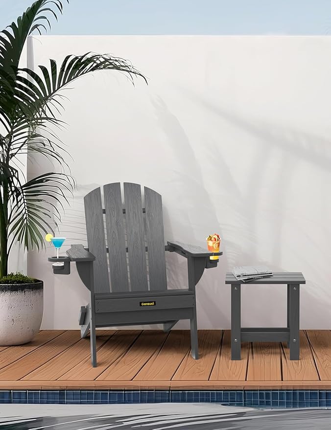 Folding Adirondack Chair Set of 4, Wooden Textured Plastic Adirondack Chairs with 2 Cup Holder, Weather Resistant HDPE Fire Pit Chair, Outdoor Patio Chairs for Garden, Backyard, Lawn, Deck, Grey