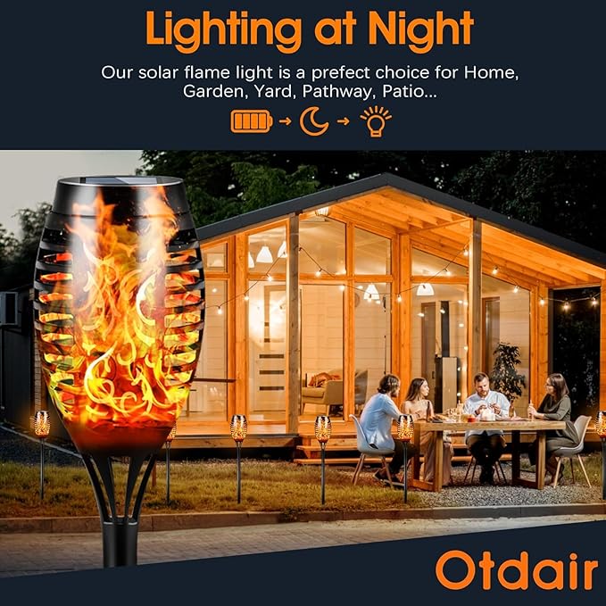 Otdair Solar Lights Outdoor Waterproof, 12LED Tiki Torches for Outside with Flickering Flame, Solar Torch Light for Garden, Patio, Yard, Pathway, 6 Pack