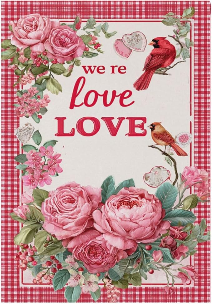 Pfrewn Valentine House Flag 28 x 40 Double Sided, Red Rose Floral Cardinal Plaid Garden Yard Flags Welcome Spring Outdoor Indoor Banner for Wedding Party Home Decorations