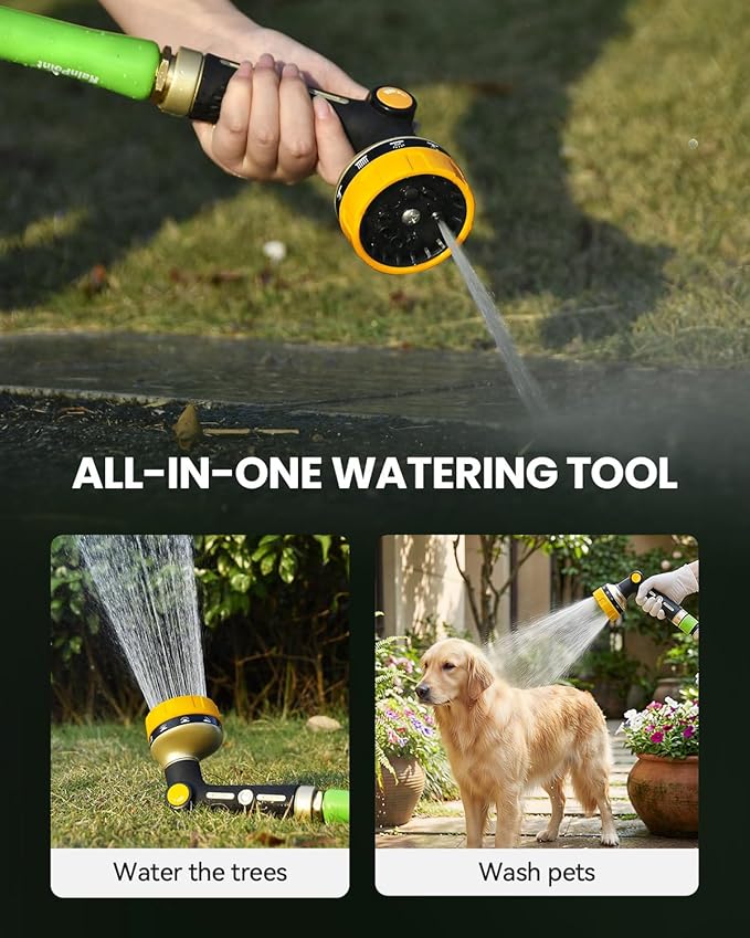 RAINPOINT Garden Hose Nozzle Heavy Duty - 100% Metal Thumb Control Spray Nozzles for Garden Hose High Pressure, 10 Patterns Water Hose Nozzle for Car Wash, Watering Lawn and Pets, Yellow