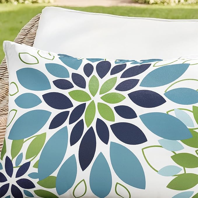 Floral Outdoor Pillow Covers Waterproof Spring Throw Pillow Cases Blue Green 20x20 Inch Set of 2 Decorative Summer Cushion Covers for Patio Furniture Garden Bench Porch Sofa