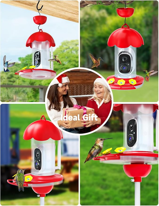 Hummingbird Feeder with Camera Solar Powered, Hummingbird Feeders for Outdoors with 2K Bird Watching Camera, Ideal Gifts for Christmas, White Elephant Gifts