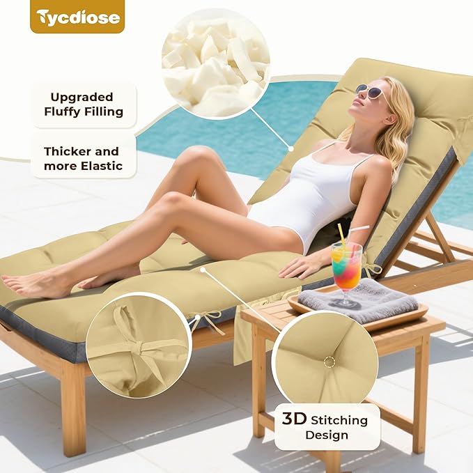 Outdoor Lounge Chair Cushion, Waterproof Replacement Chaise Lounge Cushions for Outdoor Furniture Thickened 71 x 22 x 4.7 Inches Non-Slip Patio Pool Lounge Chair Cushions with Ties (Khaki)