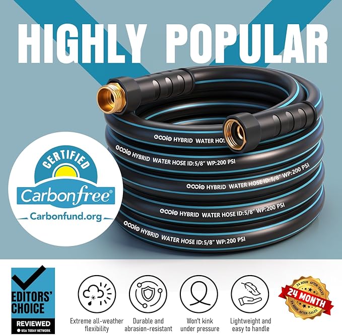 Heavy Duty Garden Hose 25 ft, NON-EXPANDABLE Water Hose with 10 Function Spray Nozzle, Lightweight Kink-less Hybrid Hose with Swivel Handle, Male to Female Fittings