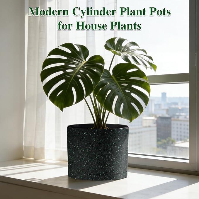 Plant Pots, 10/9/8 Inch 3 Pack Cylindrical Flower Pots with Drainage Holes and Saucers, Plastic Planters for Outdoor Indoor Plants, Black with Green Speckles