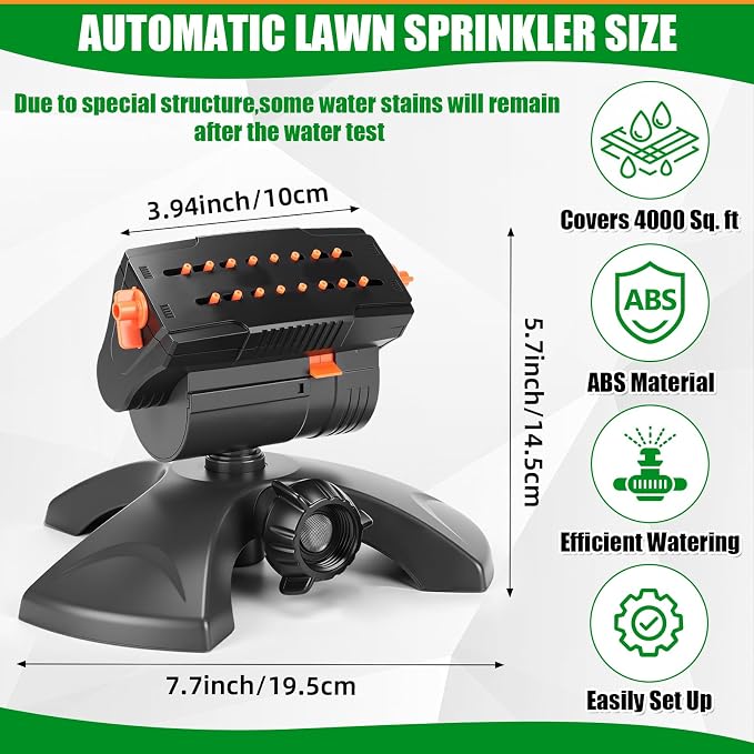 Reallnaive 3 Pcs Adjustable Oscillating Sprinkler 4 Way ABS Lawn Sprinkler Covers 4000 Sq. ft 16 Nozzle with Quick Connect for Garden Large Area Watering(Weighted Base)