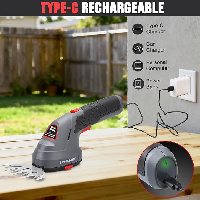 Cordless Grass Shear & Hedge Trimmer, 2 in 1 Handheld Bush Trimmer, 8V Electric Shrub Trimmer/Grass Cutter with Type-C Cable and Rechargeable Lithium-Ion Battery