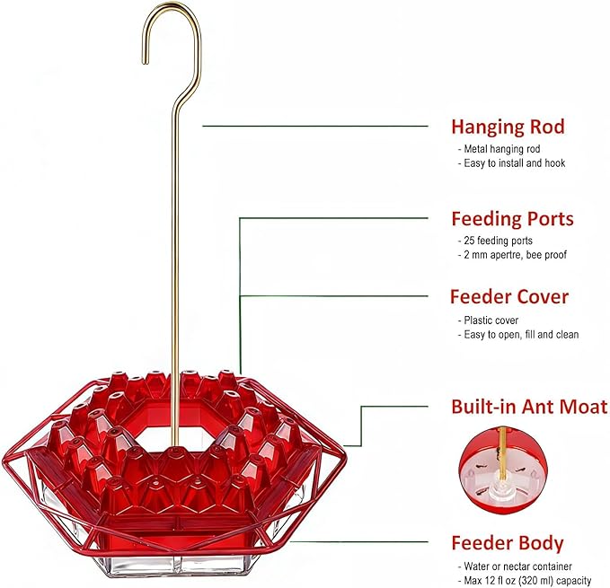 Hummingbird Feeder with Ant-Proof Moat Hummingbird Feeder, Easy to Clean and Refill Includes Hanging Hook, Features 30 Feeding Ports (Red 2PCS)