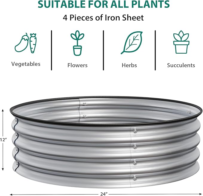 2 x 1FT Round Galvanized Raised Garden Bed – Metal Planter Box Kit with Rust & Corrosion Protection, Safe Rubber Edge, Open Bottom Design – Easy Assembly for Vegetables, Flowers, Fruits