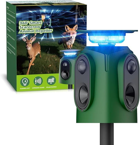 360° Solar Ultrasonic Animal Repeller Outdoor, Motion Activated Deer Repellent Devices with Flashing Lights, Waterproof Cat Repellent Outdoor for Yard, Repel Dog, Raccoon, Coyote, Skunk & More