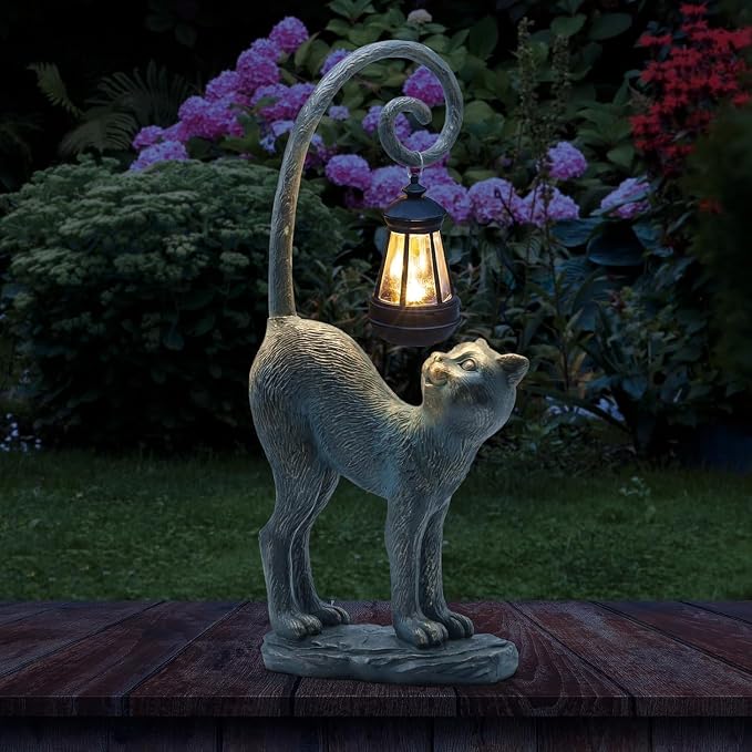 Fathers Day Decorations Gifts Outdoor Cat Garden Statues with Solar Lights, Home Decor Cat Figurines for Lawn,Patio,Balcony,Porch,Yard Art Ornament- Birthday Gifts for Women Grandma Sister