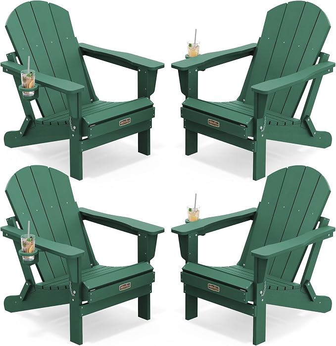 SERWALL Foldable Adirondack Chair Set of 4, Weather Resistant HIPS Patio Chairs with Cup Holder for Garden Outdoors Fire Pit Chairs-Green