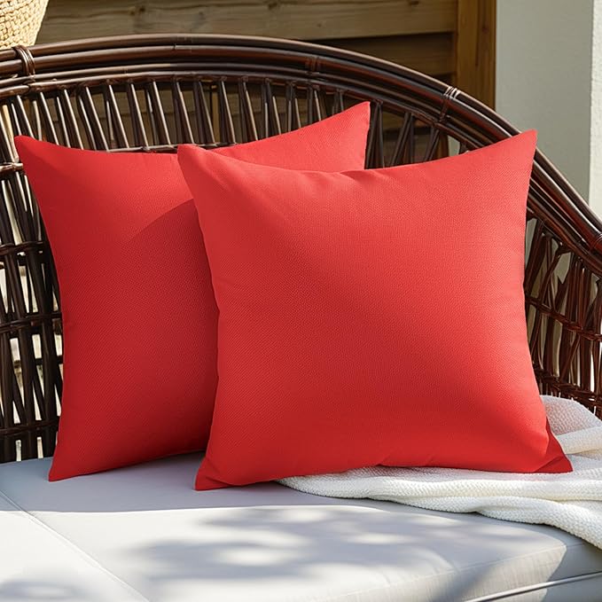 Premillow Outdoor Pillow Covers Set of 2, Decorative Farmhouse Waterproof Pillow Covers, Solid Linen Pillowcase Cushion Covers for Patio Garden Balcony Couch Sofa 18x18 inch, Red