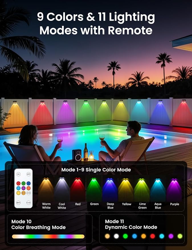 Solar Fence Lights Outdoor with Remote, 12 Pack 9 Colors & 11 Lighting Modes Fence Lights Solar Powered Waterproof IP65 Color Changing Solar Lights for Fence Garden Yard Patio Deck Step Wall