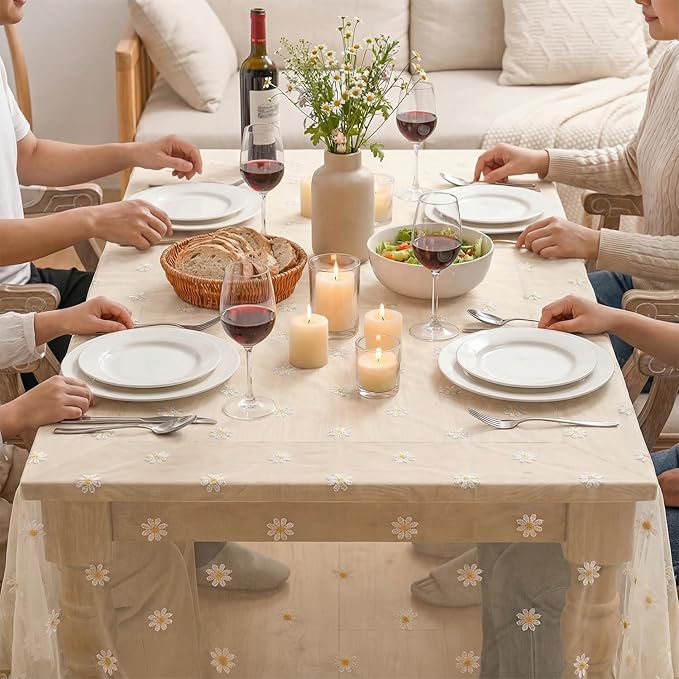 Horaldaily Champagne Embroidery Daisy Spring Summer Gauze Tablecloth 60×120 Inch Rectangular, Seasonal Tulle Table Cover, Garden Party Decorations for Wedding, Party, Holiday Dining