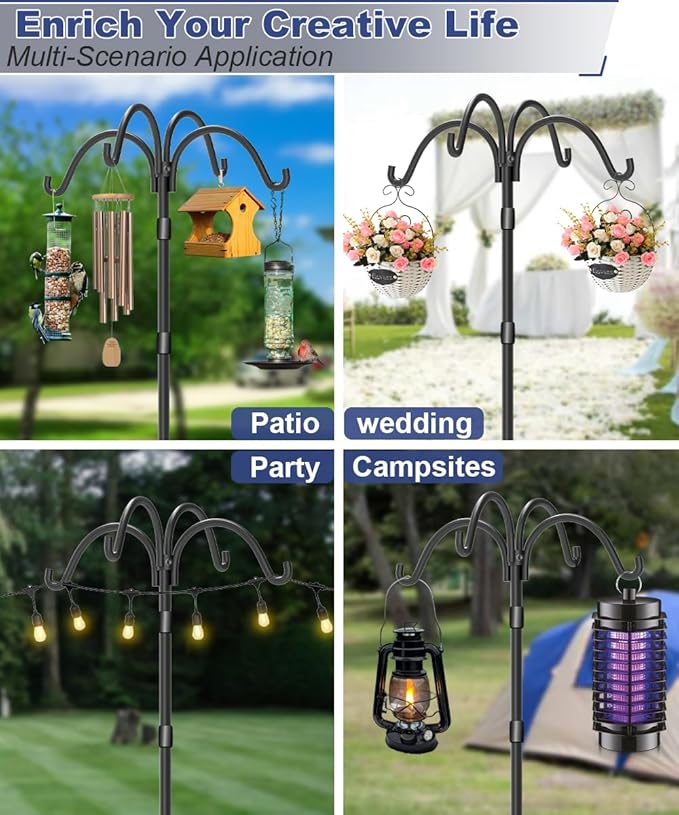 Upgrade 4-Hook Shepherds Hooks for Outdoor with Plastic Tube, 76" Heavy Duty Bird Feeder Pole with 5 Prongs Base, Adjustable Garden Hook for Solar Light, Hanging Plant, Wedding Decor, 2 Pack