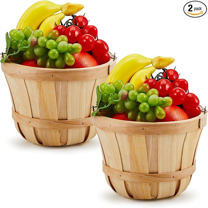 Tatuo 2 Pcs Round Wooden Apple Baskets Wood Fruit Buckets with Handle Fall Harvest Basket Portable Bushel for Market Vegetables Garden Home Party Supplies Easter Gifts (Wood Color)