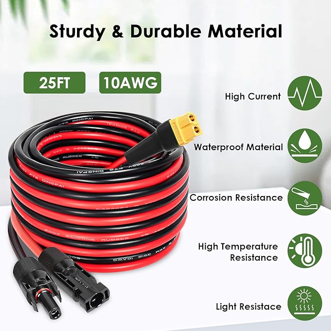 MOOKEERF Solar to XT60 Extension Cable 10AWG 25FT Solar Connector to XT60 Adapter Cable for Solar Panel to Portable Power Station Solar Generator Battery Pack