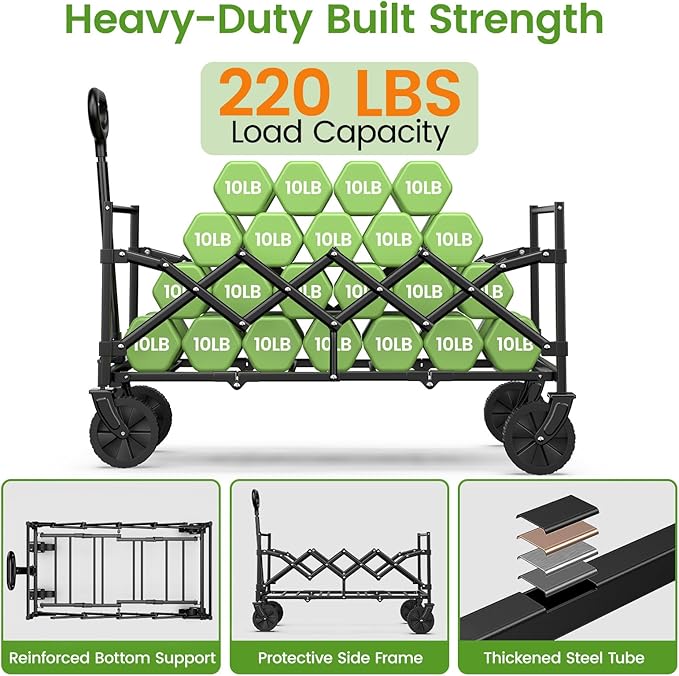 35'' Extra Long Collapsible Wagon with Wheels, 220 LBS Folding Wagon with 360° Swivel Wheels Adjustable Handle, Lightweight Portable Utility Cart for Grocery, Shopping, Garden, Sports, Camping, Pink