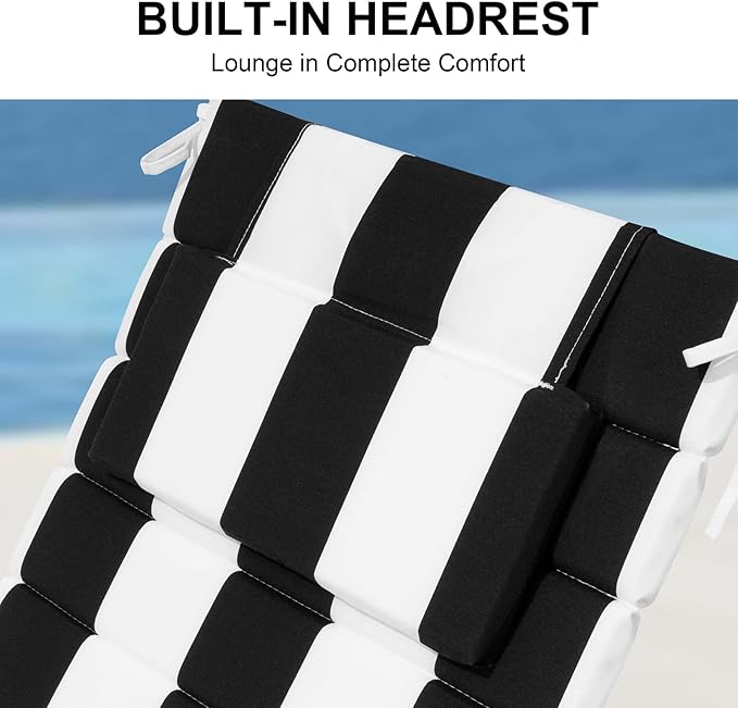Crestlive Products Chaise Lounge Cushion Outdoor Set of 2, Foldable Waterproof Pool Lounge Chair Cushions with Straps, Lounger Cushions for Outdoor Furnitur, 71''Lx21''W (Black Stripe)