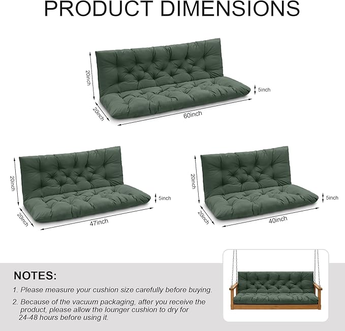 Porch Swing Cushions, Outdoor Swing Replacement Cushions 3 Seater with Backrest, Waterproof Bench Cushion with Ties,for Patio,Porch, Garden,Backyard