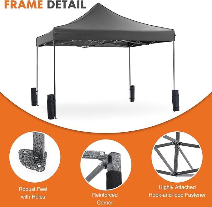 OLIXIS 10x10 Ft Pop Up Canopy Tent, Waterproof Portable Outdoor Shade Canopy with Sand Bags for Beach, Backyard Parties & Events, Charcoal