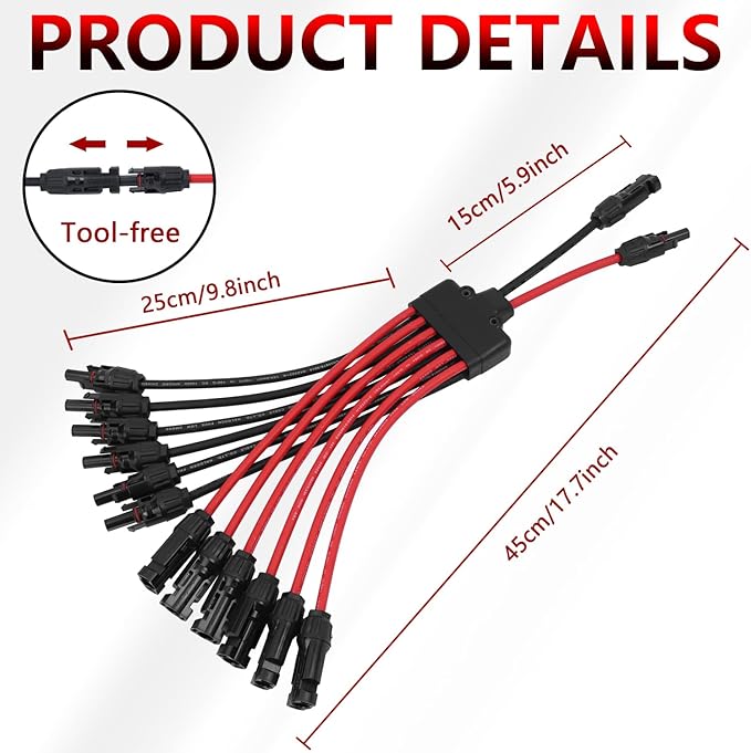 Solar Parallel Connectors for 6 Solar Panels, Tool-Free Solar Panel Connectors Cable 2 to 12 Y Branch Parallel Adapter, IP68 Waterproof Wires Splitter 10AWG for Solar Cable Extension(FMMMMMM/MFFFFFF)