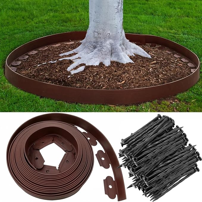 Garden Edging 80FT, Landscape Edging Borders with 120pcs Plastic Stakes, 4IN Tall Garden Mini Fence Edge Kits for Yard, Tree, Grass, Gravel, Lawn Edging, Flowerbeds, Brown