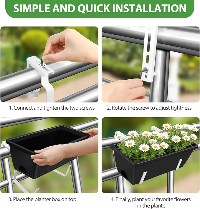 OYEAL Railing Planter Box Outdoor 4 Pack Hanging Balcony Planters 17 Inch Window Boxes Planter with Adjustable Brackets Plastic Flower Pots for Garden Deck Porch Railing Balcony Fence, Black & White