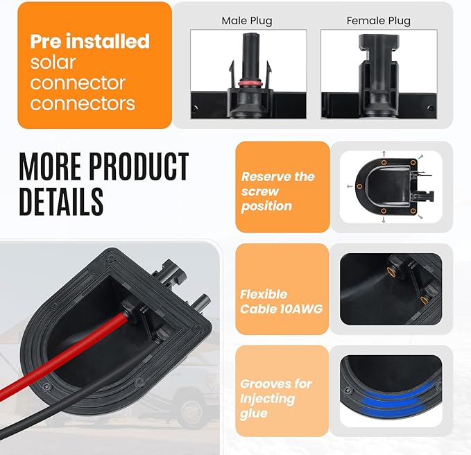 Solar Cable Entry Gland with 10AWG Solar Cable and Solar Connector UV Resistance Dual Cable Entry Housing for Solar RV Boats Yacht Roofs (Black 3FT)