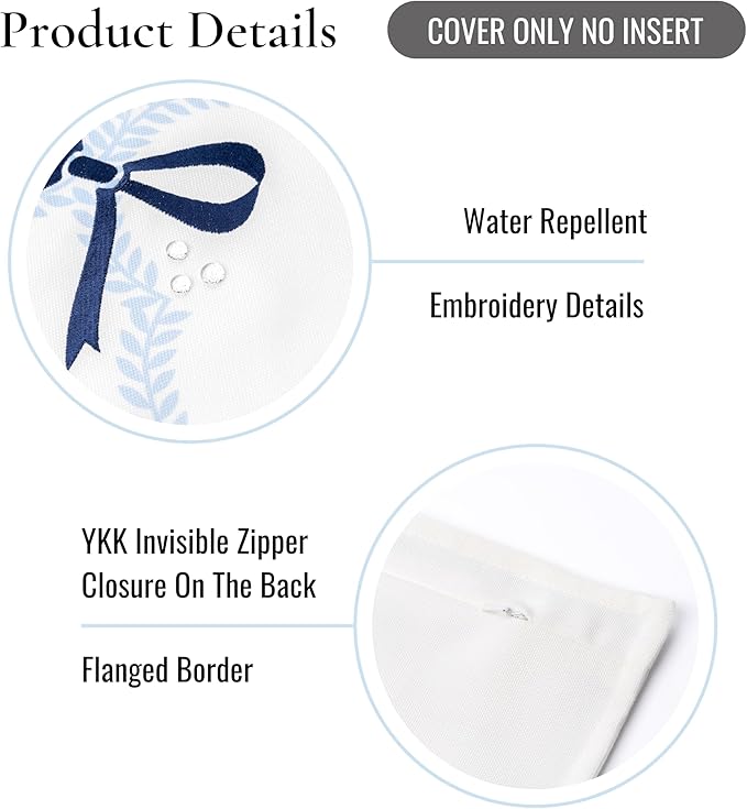 Hofdeco Premium Coastal Hampton Patio Indoor Outdoor Throw Pillow Cover Only, 20"x20" Water Repellent for Backyard, Couch, Poolside, Baby Blue Navy Embroidered Ribbon Bow Tie on Leaves
