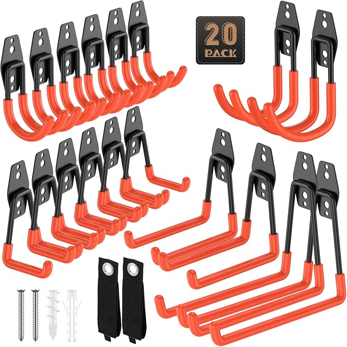 20 Pack Garage Hooks, Heavy Duty Steel Wall Mount Utility Hangers with Anti-Slip Coating for Hanging Bikes, Ladders, Power Tools, and Garden Equipment