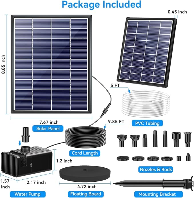 POPOSOAP 6.5W Solar Fountain Pump for Bird Bath Built-in 2400mAh Battery Backup & 8W Solar Powered Bird Bath with 3000mAh Battery Backup for Pond, Bird Bath, Backyard Water Feature