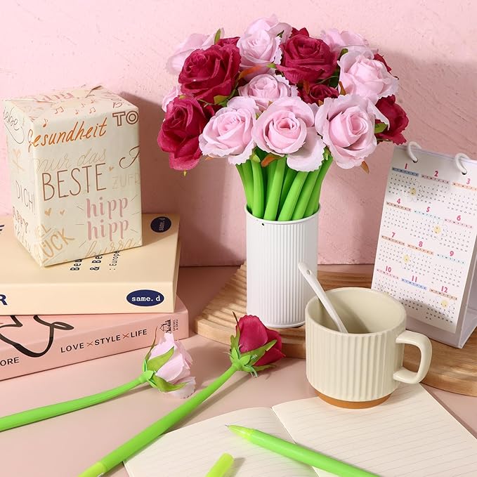 28 Pcs Flowers Pen Artificial Rose Pens Rose Shaped Ballpoint Pen Black 0.5mm Gel Ink Rollerball Pen Valentine's Day Flower Pens Gel Ink-pens for First Day Back to School Classroom Reward
