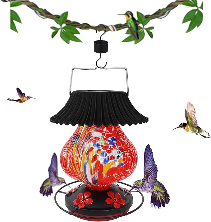 Solar Glass Hummingbird Feeder for Outdoors- 26 fl.oz Best Solar Hummingbird Feeders- 5 Feeding Ports with Perch - Wasp Leak Proof- Perfect Hand Blown Glass Color Changing for Outdoors Hanging (Red)