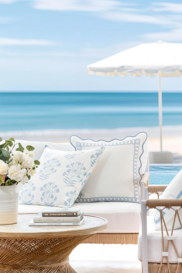 Hofdeco Premium Coastal Patio Indoor Outdoor Throw Pillow Cover Only, 20"x20" Water Repellent for Backyard, Couch, Baby Blue Print Floral (Pack of 2)