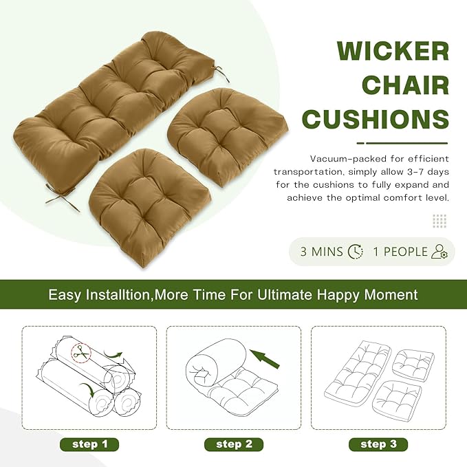 Wicker Chair Cushions Set, 2 U-Shaped Cushions & 1 Loveseat, Waterproof Outdoor Loveseat Cushion for Patio Furniture, Settee Bench Pad All Weather,Khaki