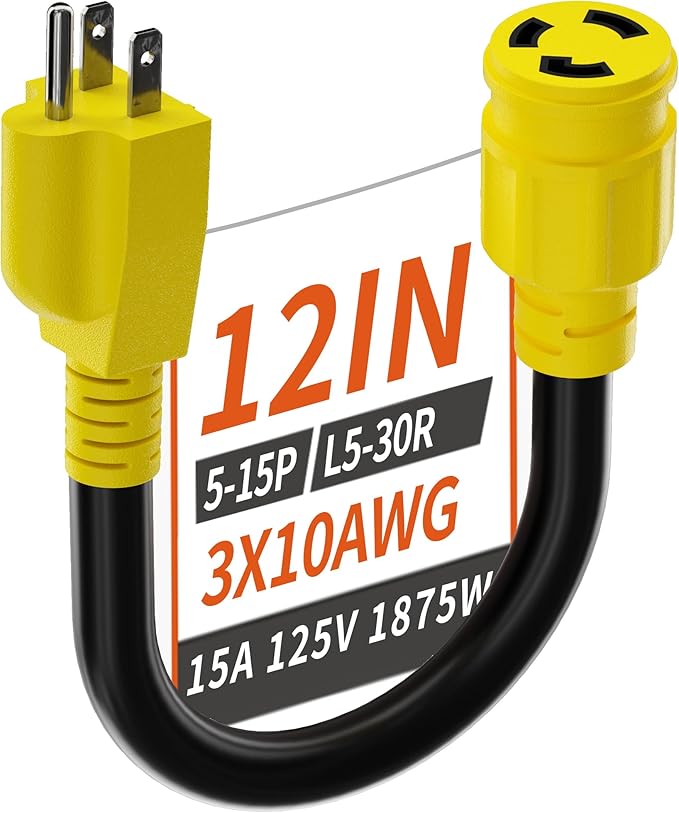 PlugSaf 3 Prong 15 Amp to 30 Amp RV Generator Adapter Cord, NEMA 5-15 Male Plug to NEMA L5-30 Female Plug, 12 Inch(1 FT) 10 Gauge STW Heavy Duty Power Cord, Max 15A 125V 1875W, Yellow, ETL Listed