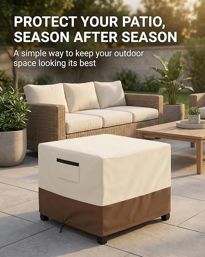 Waterproof Patio Ottoman Cover, Square Outdoor Side Table Furniture Cover with Padded Handles, 600D Heavy Duty Windproof All-Weather Patio Furniture Cover,UV Resistant, 25 x 25 x 18 Inch, Beige&Brown