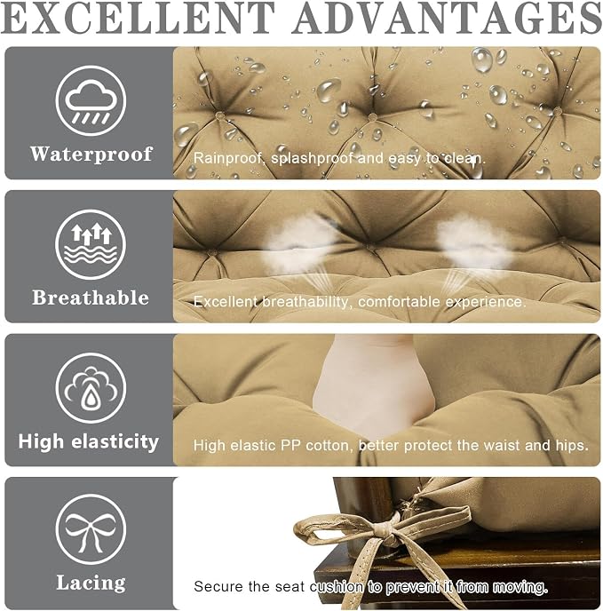 Porch Swing Cushions Outdoor, 5 Inch Thick Waterproof 2-3 Seater Replacement Swing Cushion with Backrest and Anti-Slip Ties, Perfect for Porch, Patio, Garden, Outdoor Bench Furniture, 40×40×5 Inch