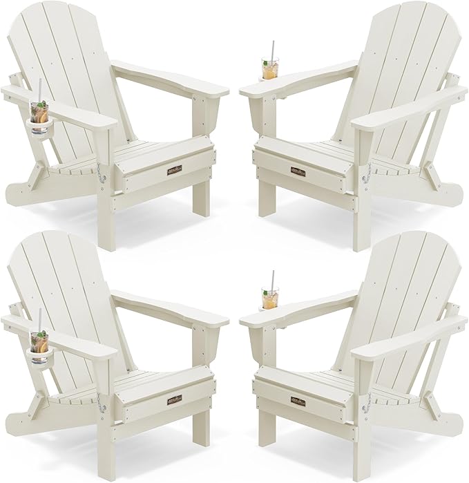 SERWALL Folding Adirondack Chair Set of 4 for Patio Garden Outdoors Fire Pit Chairs-White
