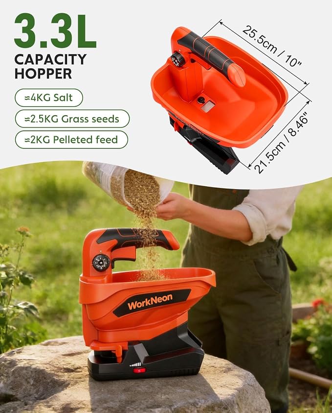 Battery Powered Seed Spreader, Handheld Power Spreader for Lawns, Rechargeable 7.2V Grass Spreader with 8-Level Settings and 3.3L Large Capacity for Snow, Rock Salt, Lawn, Garden