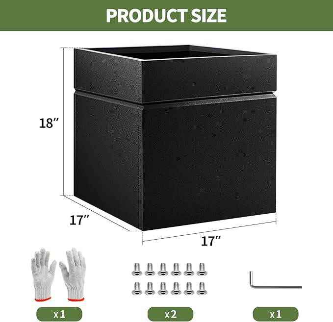 Matel Planter Box 17" L x 17" W x 18" H, Cube Heavy Duty Powder Coating Steel Planters with Drainage Hole, Indoor Outdoor All-Weather Use for Home, Porch, Patio, Hotel(Black)